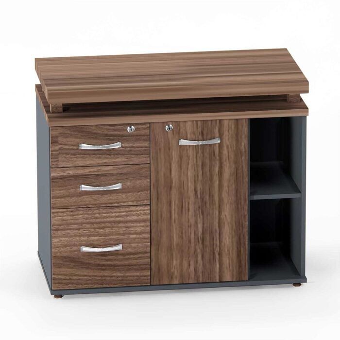 Mesa Complemento Com Armário Aparador 03 Gavetas PE 40 Pandin Walnut e Grafito