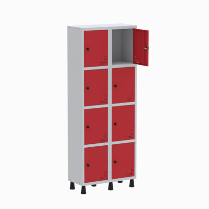 Armário Guarda Volume Locker Roupeiro 2 Vãos 8 Portas GR302/8 Light Cinza e Vermelho - Pandin