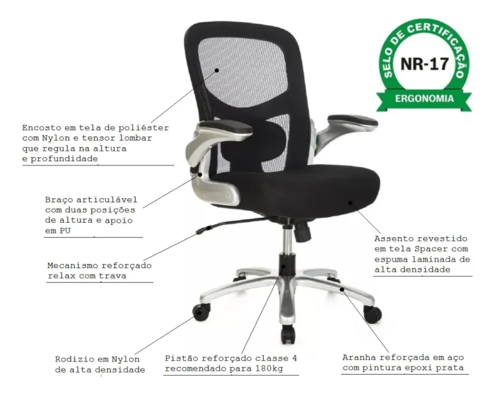 Cadeira Presidente Plus Size Telada 120kg BLM922 Blume Preto - Imagem 5