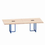 Mesa de Reunião Retangular com Power Box Tubular Bipartida P25 Pandin 2,6 M Noce Naturale e Azul Del Rey