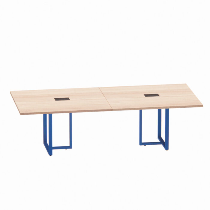 Mesa de Reunião Retangular com Power Box Tubular Bipartida P25 Pandin 2,6 M Noce Naturale e Azul Del Rey - Imagem 1