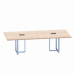Mesa de Reunião Retangular com Power Box Tubular Bipartida P25 Pandin 2,6 M Noce Naturale e Azul Dali