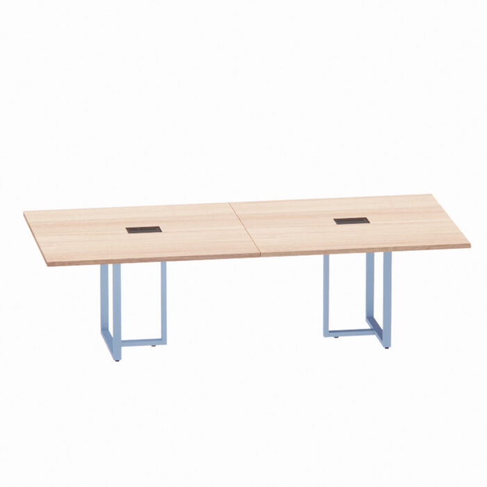 Mesa de Reunião Retangular com Power Box Tubular Bipartida P25 Pandin 2,6 M Noce Naturale e Azul Dali - Imagem 1