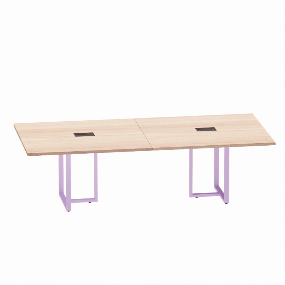 Mesa de Reuniao tubolar 260 cm powebox pandin naturale e lilas Mesa de Reunião Retangular com Power Box Tubular Bipartida P25 Pandin 2,6 M Noce Naturale e Lilas - Imagem 1