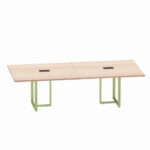 Mesa de Reunião Retangular com Power Box Tubular Bipartida P25 Pandin 2,6 M Noce Naturale e Verde