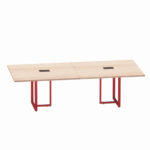 Mesa de Reunião Retangular com Power Box Tubular Bipartida P25 Pandin 2,6 M Noce Naturale e Vermelho