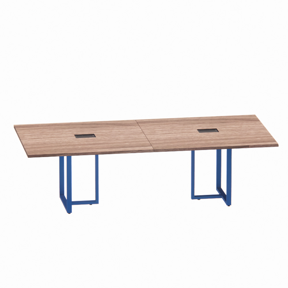 Mesa de Reuniao tubolar 260 cm powebox pandin walnut e azul Mesa de Reunião Retangular com Power Box Tubular Bipartida P25 Pandin 2,6 M Walnut e Azul Del Rey - Imagem 1